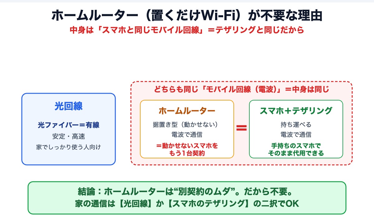 ホームルーターはスマホと同じモバイル回線でテザリングと同じ。だから不要で、光回線かスマホのテザリングの二択でよいという図解