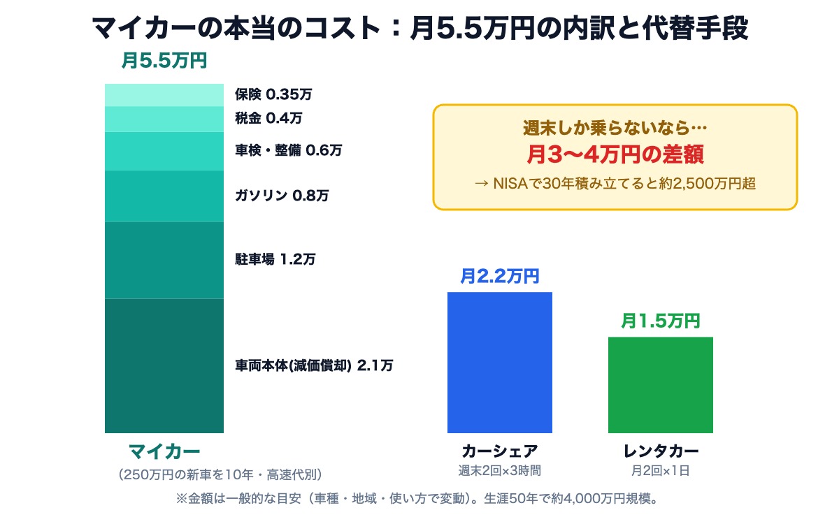 マイカーの月5.5万円の内訳と、カーシェア・レンタカーとの比較図解
